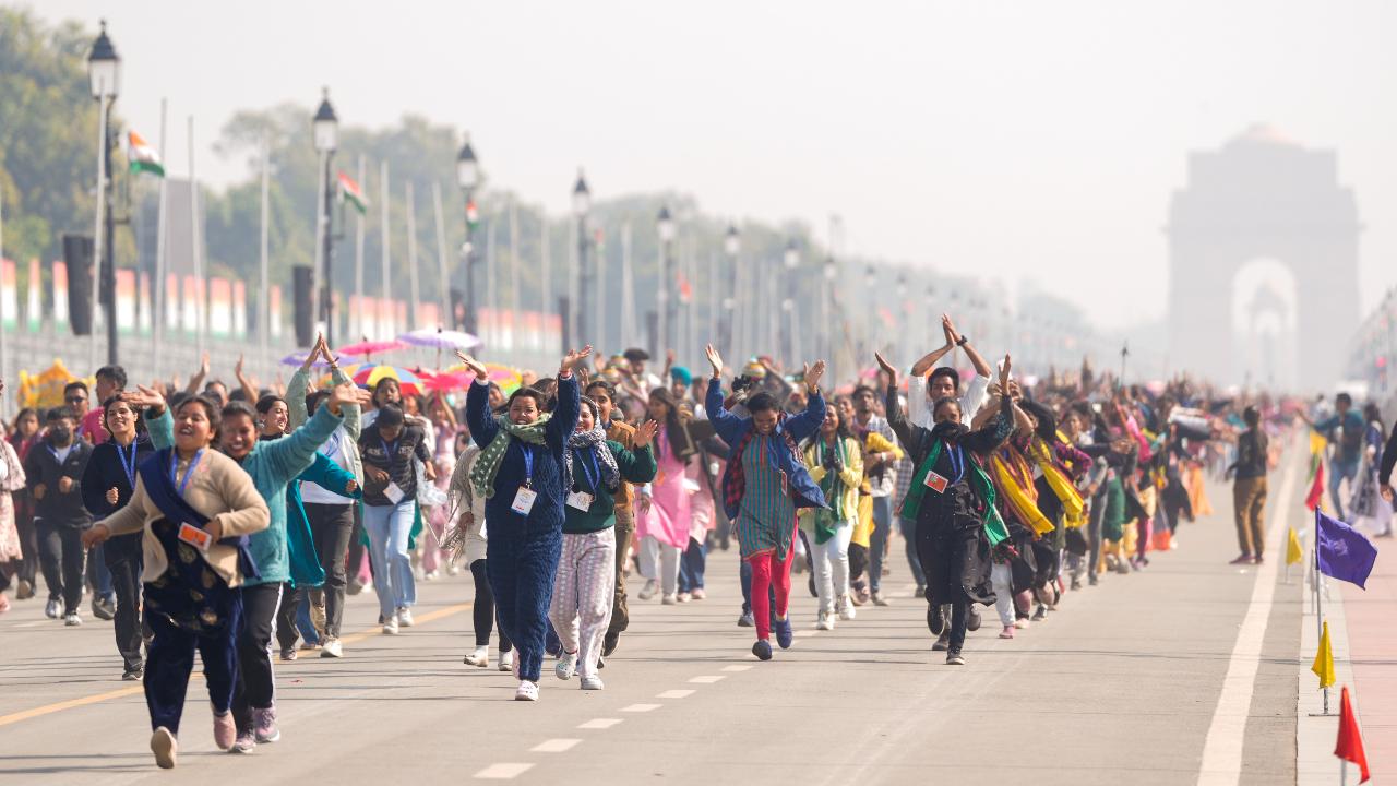 Artists perform during rehearsal for Republic Day parade 2025 at Kartavya Path in New Delhi