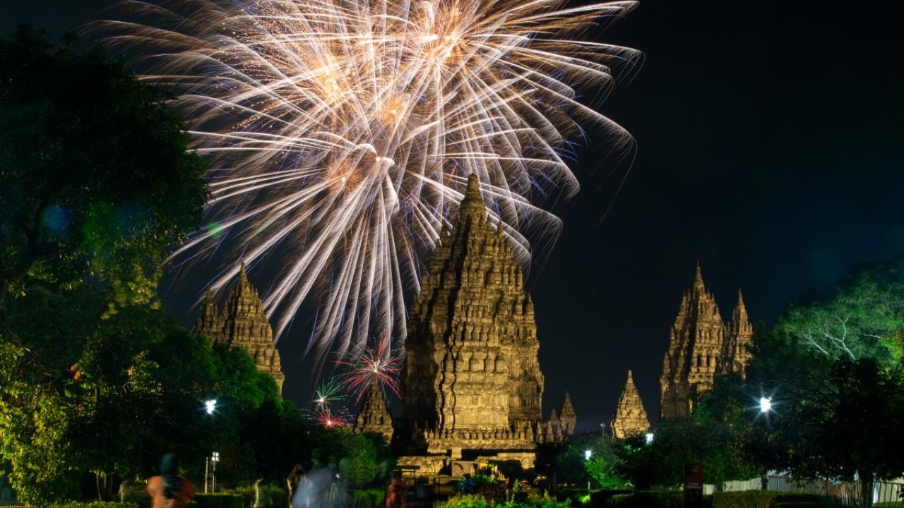 Fireworks light up above Prambanan Temple, a 9th-century Hindu temple complex and UNESCO World Heritage Site, in Yogyakarta, Indonesia, on January 1, 2024 (Pic: AFP)