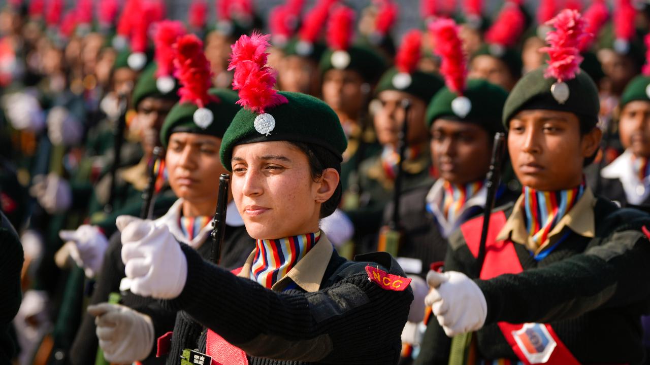 NCC cadets during rehearsal for Republic Day parade 2025 at Kartavya Path in New Delhi