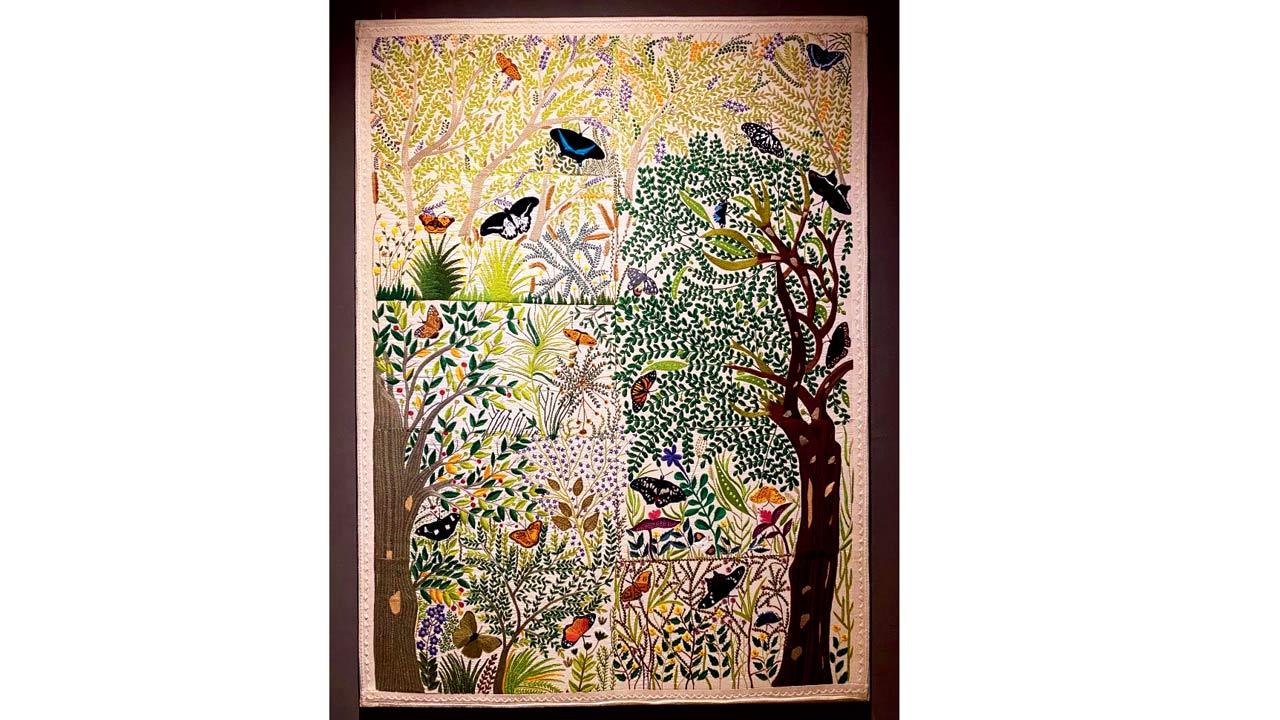 August in Sittilingi (2023-2024), presented by the Porgai Artisans Association at Surface, showcases the work of women from the Lambadi community in Sittilingi, Tamil Nadu. Created by Bhakialakshmi, Geetha, Kuppammal, Lavanya, Neela, Parimala, Selvi, Sumathi, Thaikulam, and Vanmathi, the textile evolves from workshops led by designer Anshu Arora and Dr Lalitha. Using traditional stitches, the artists reimagine familiar motifs into new narratives and landscapes. Courtesy/Porgai Artisans Association