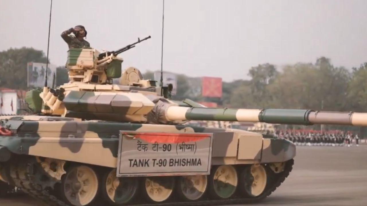 Indian Army's main battle tank, T-90 Bhishma, is known for its speed, firepower, and protection. An advanced version of the T-series of tanks, T-90 Bhishma comes with increased mobility, firepower, and protection. (Pic/ Screengrab X adgpi)