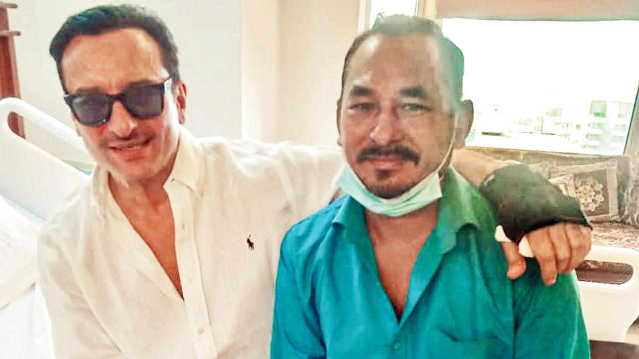 Saif hugs Bhajan Singh Rana in the hospital