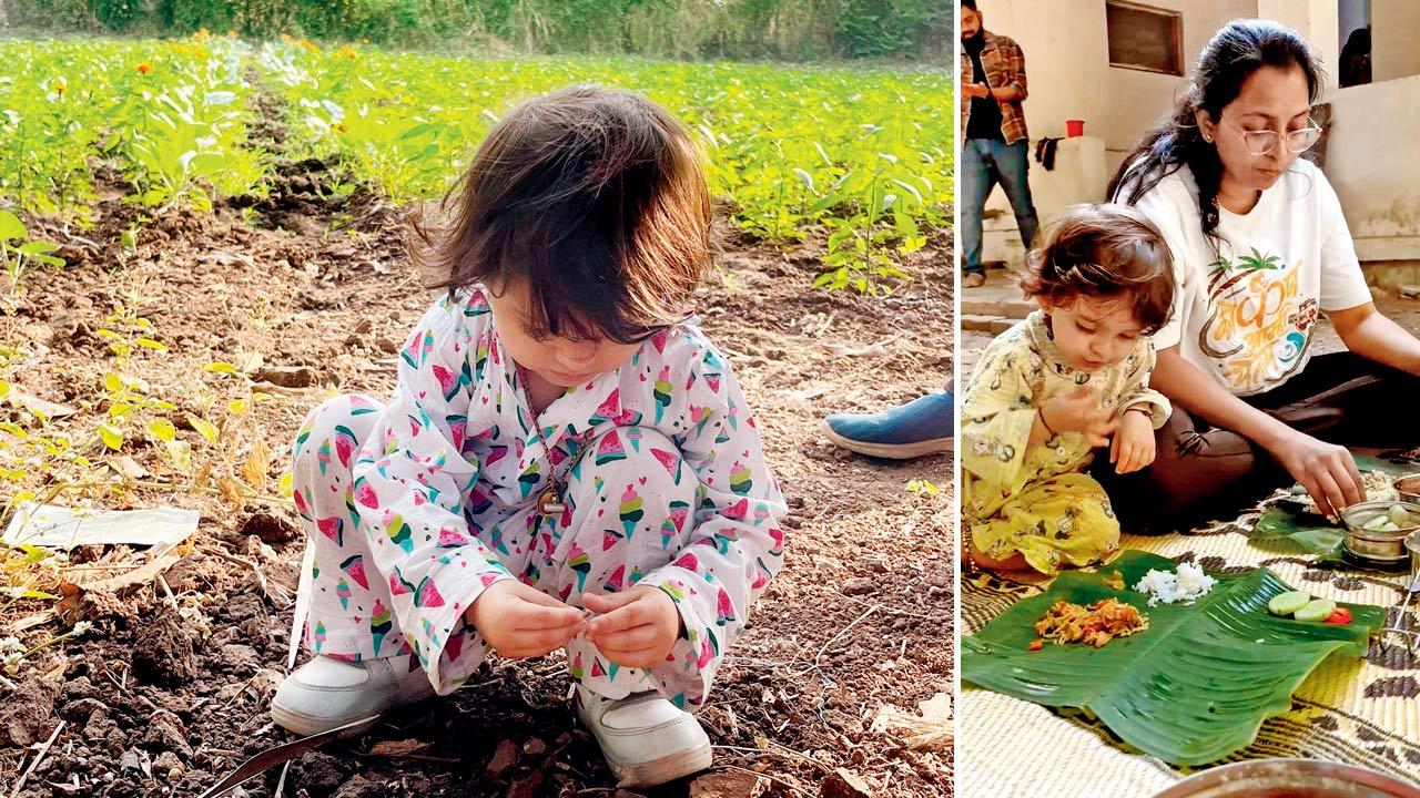 Aarohi Kalpavruksh plays around in a farm; (right) Aayushi Kalpavruksh (in white) along with her daughter, sample traditional dishes during a visit