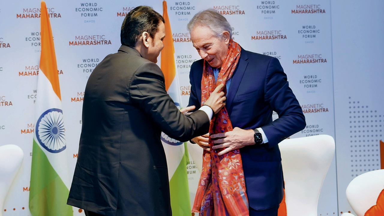 CM Fadnavis with former British PM Tony Blair. Pic/X@Dev_Fadnavis