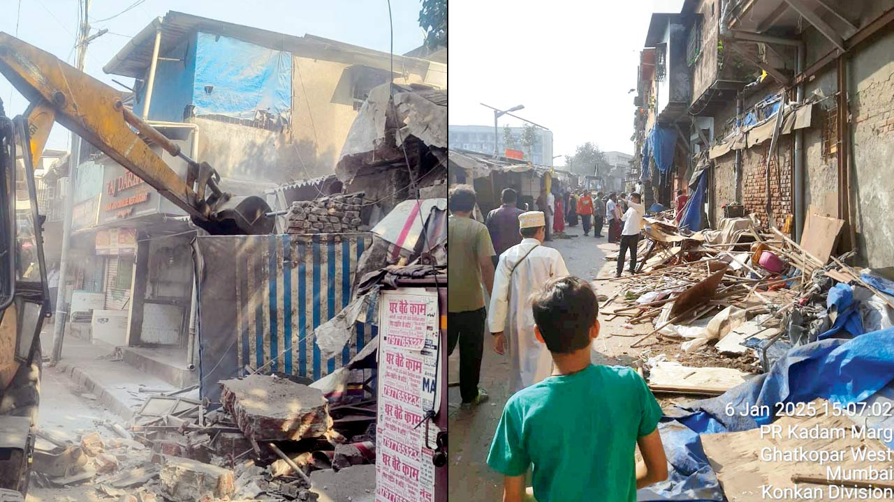 In Ghatkopar, encroached shop extensions were razed in Chirag Nagar. Pcis/Sameer Surve