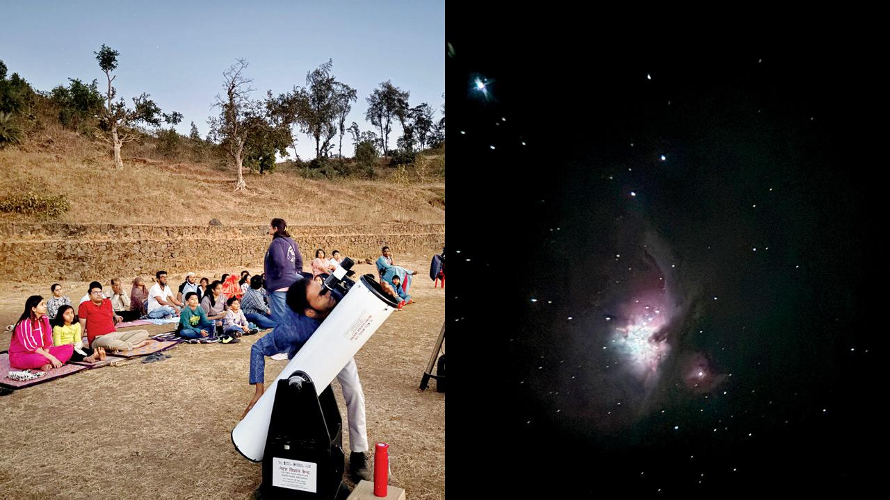 (Above) Stargazers at the overnight sky observation; (right) an image of The Orion Nebula from the session