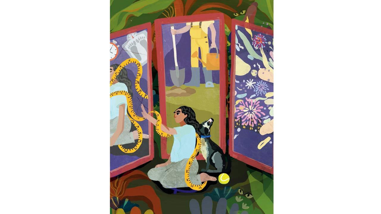This artwork, Raising the Roof, reflects the anxieties of the author raising themselves and their anxious puppy during the COVID-19 outbreak. Dealing with insecurities and mental health struggles while worrying about projecting their fears onto him, creating a cycle of uncertainty for both of them. Illustration/Tanya Timble