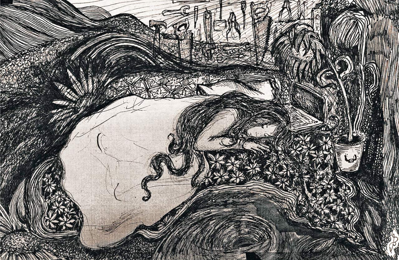 This image, titled HTTP Error 500: Internal Server Error, depicts the author’s despair during her Masters programme. Technological breakdowns threatened her future, hindering her PhD application. It captures the crushing weight of academic failure and the fear of losing her newly found “home” in the UK. Illustration/Annette Fernando