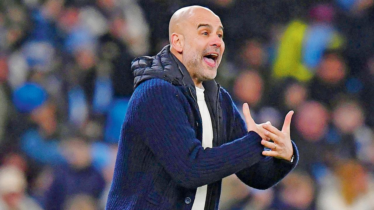 An animated Pep Guardiola on the touchline at Wednesday’s UCL game. Pic/Getty Images