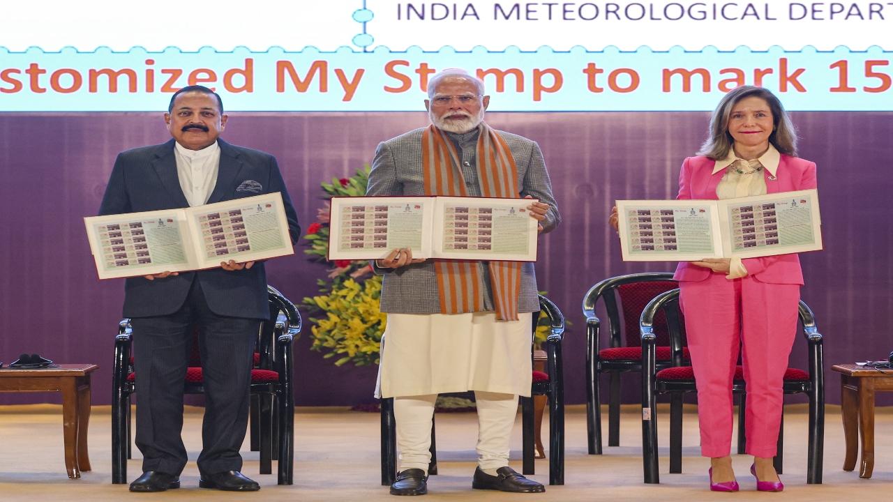 PM Modi, Union MoS for Science and Technology (Independent Charge) Jitendra Singh and World Meteorological Organization (WMO) Secretary-General Celeste Saulo released stamps to mark the 150th year of IMD