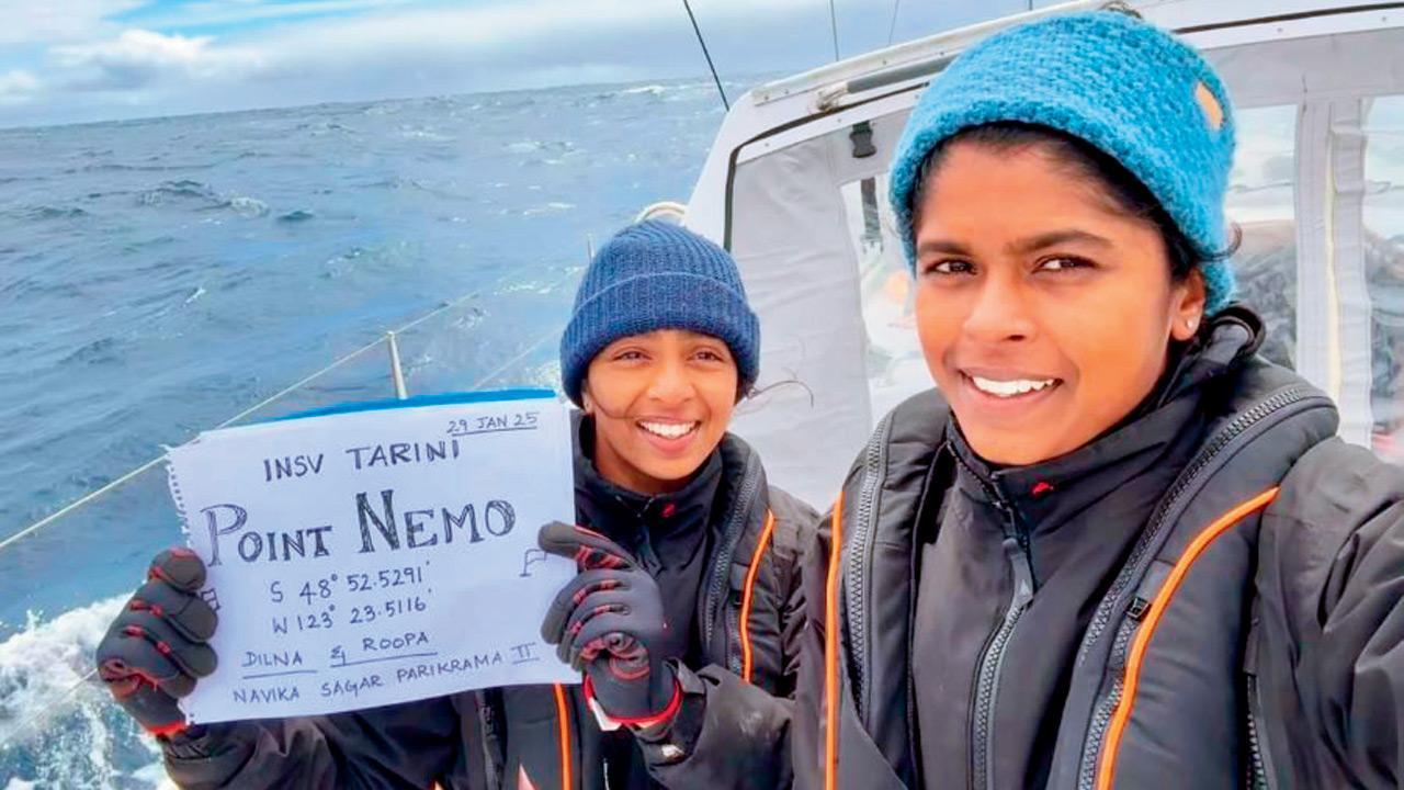 (From left) Lieutenant Commanders Dilna K and Roopa A crossed Point Nemo, one of Earth’s remotest places, on Thursday. Pic/AP