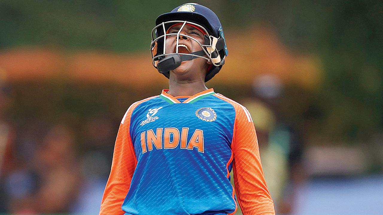 Top-scorer G Kamalini (56 not out) celebrates India’s win