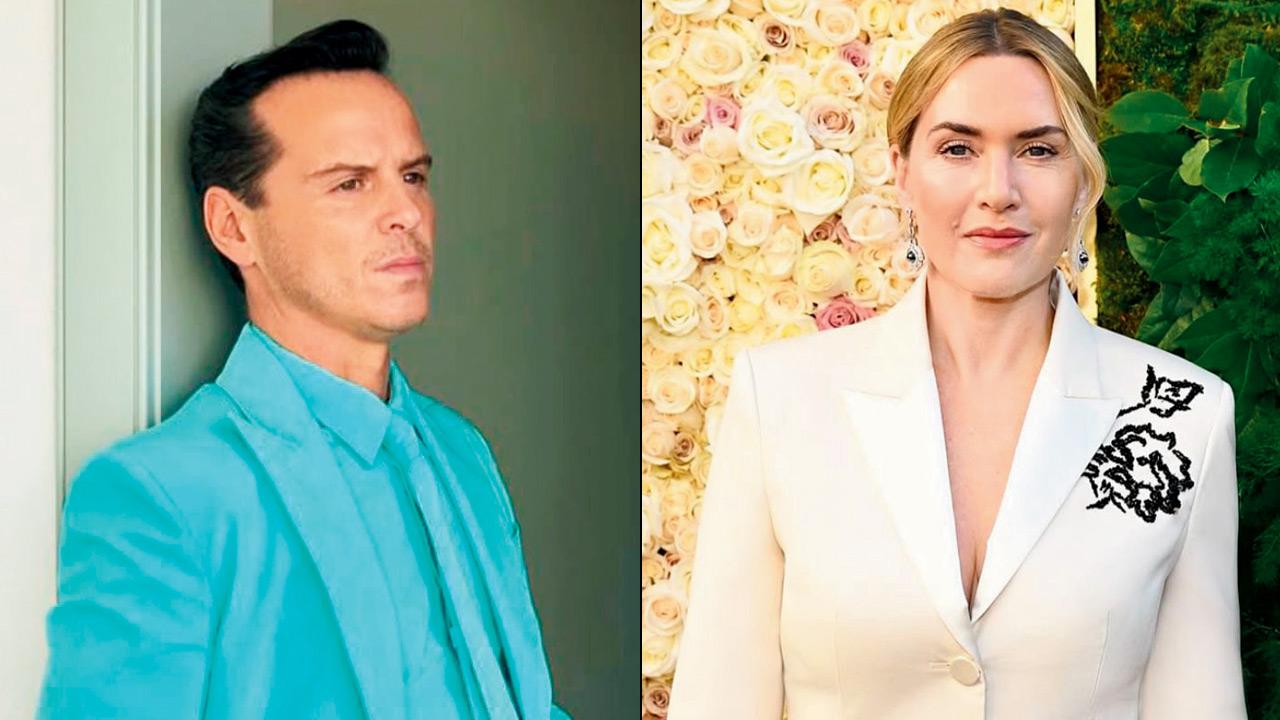 Andrew Scott sports a Tiffany blue suit for his monochrome look (right) Kate Winslet dons a cream hue ensemble for the red carpet