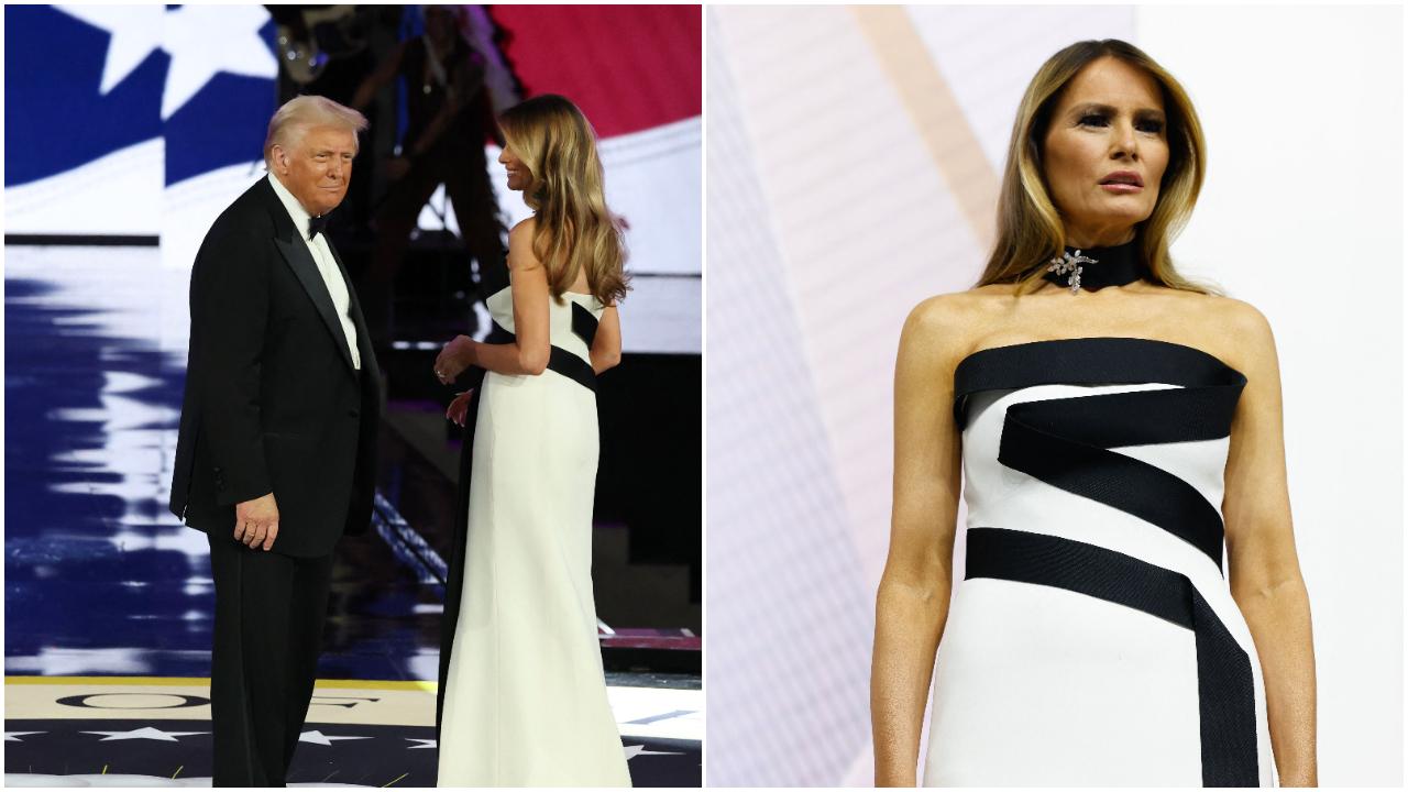 Melania Trump's silk-wool coat and skirt were Adam Lippes, an independent American designer based in New York, an ensemble paired with an ivory blouse tightly wrapped at the Slovenian-born former model's neck before she changed into white attire