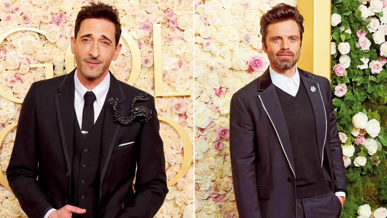 Adrien Brody in Thom Browne; (right) Sebastian Stan in Prada
