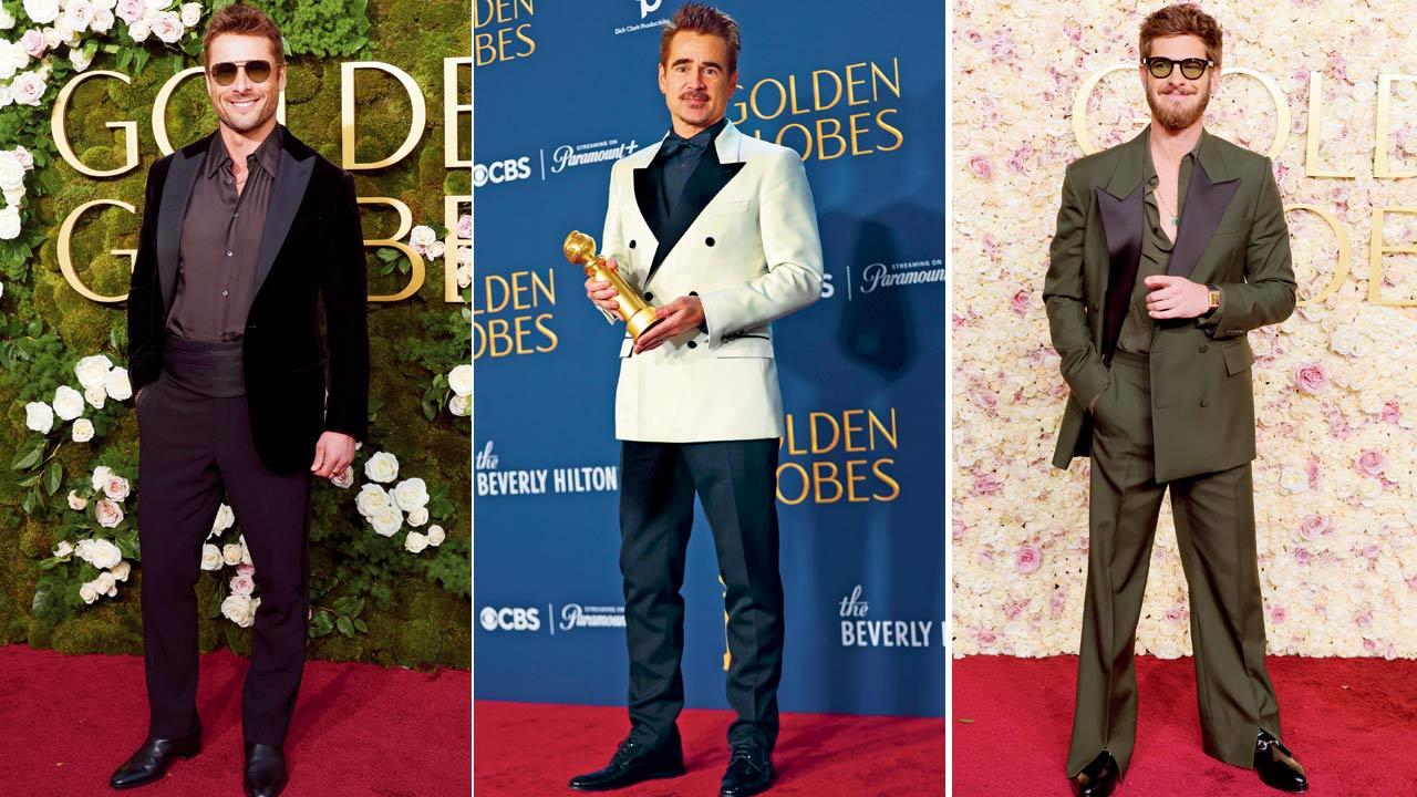 Glen Powell in Giorgio Armani; Colin Farrell in Dolce & Gabbana; Andrew Garfield in Gucci