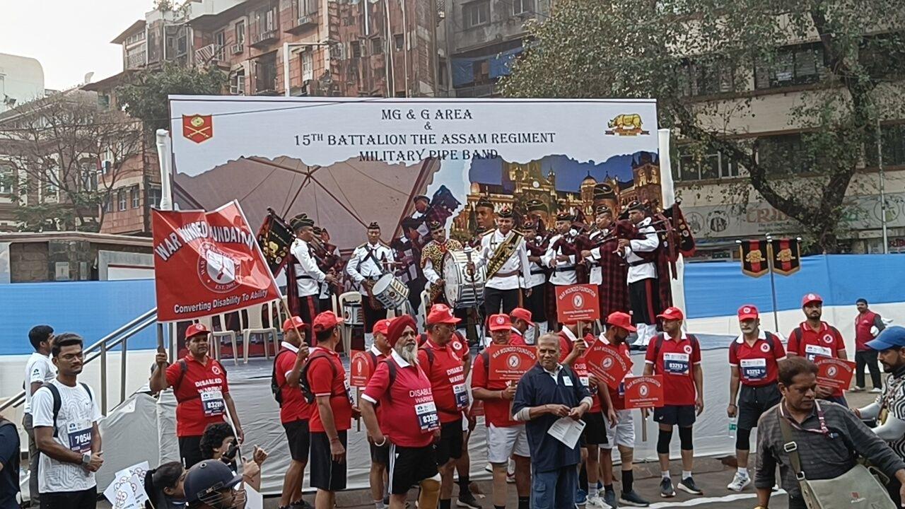 The 15th Battalion of the Assam Regiment's Military Pipe Band at the marathon on Sunday