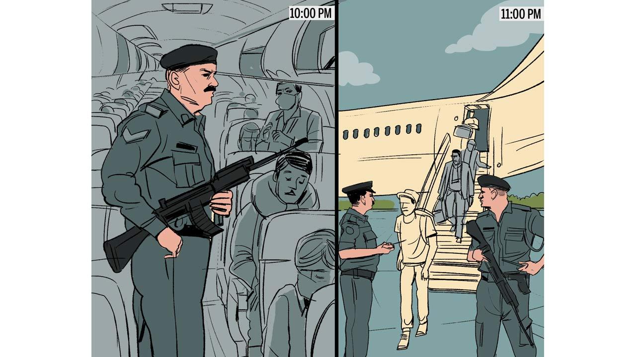 SECURITY SWEEP: At 10.00 pm, elite NSG commandos and CISF personnel conduct thorough security checks of the aircraft at an isolated bay, following standard anti-hijacking protocols; (right) ALL CLEAR: After rigorous security verification and nearly two hours of checks, passengers are finally permitted to disembark from the aircraft at approximately 11.00 pm