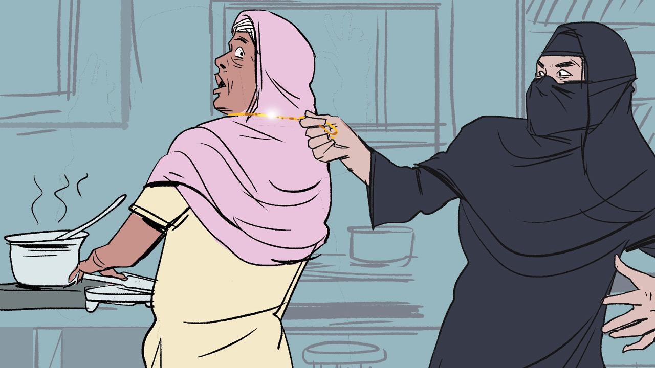 The burqa-clad intruder tries to snatch Ayesha Sheikh’s gold chain when 91-year-old is cooking in her kitchen on Sunday afternoon. Illustrations/Uday Mohite