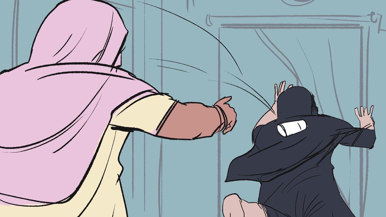 The senior citizen flings a glass tumbler at the woman as she flees empty-handed