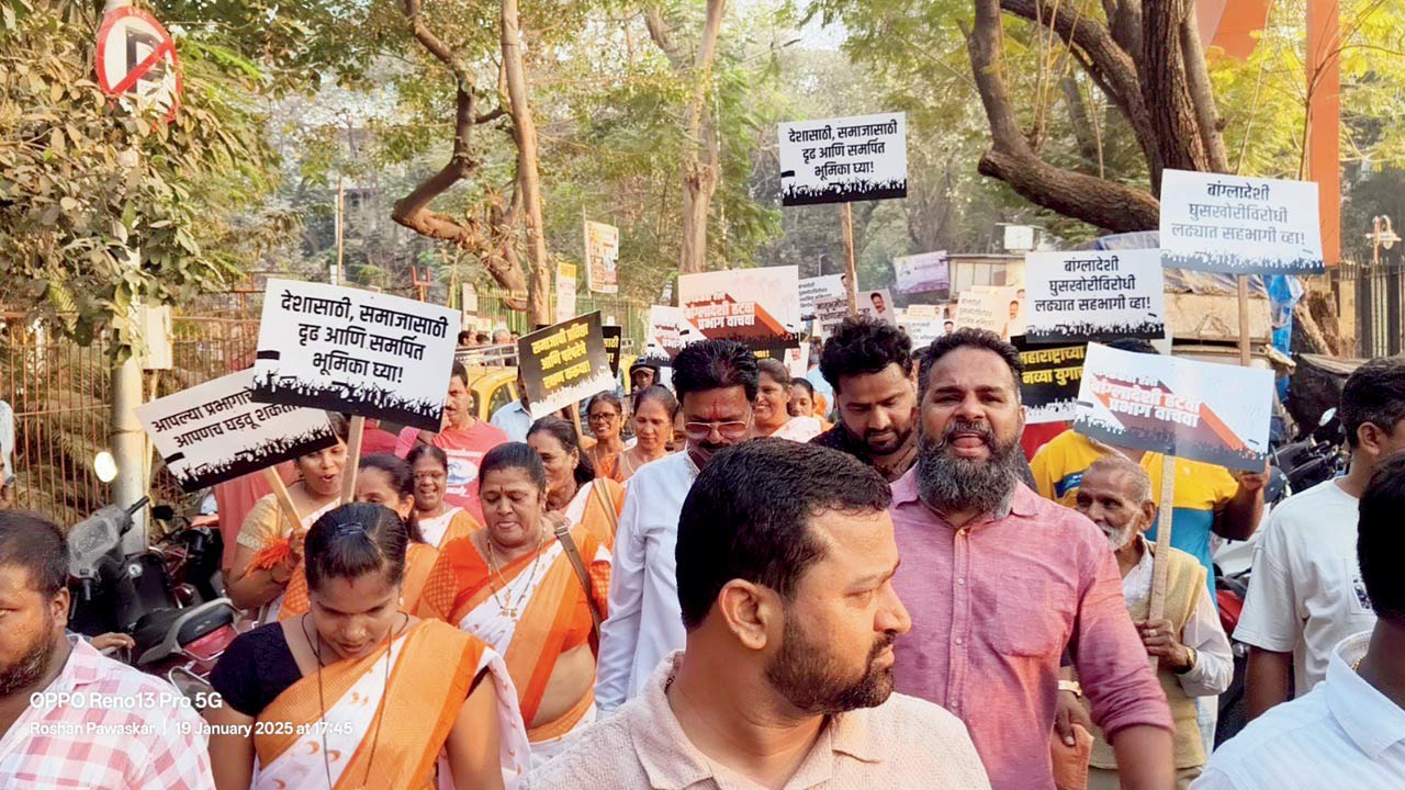Residents protest against the illegal immigrants in Worli on Sunday