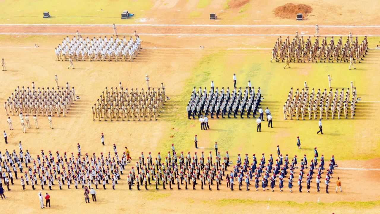 Officers taking part during rehearsal of Republic Day Parade at Shivaji Park, in 2019. Pic/Getty Images