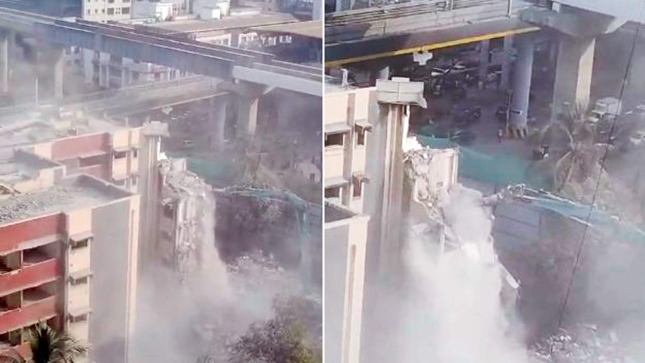 Screengrabs of a clip shot by a resident of the demolition of the building located in Andheri’s Sangam Society complex 