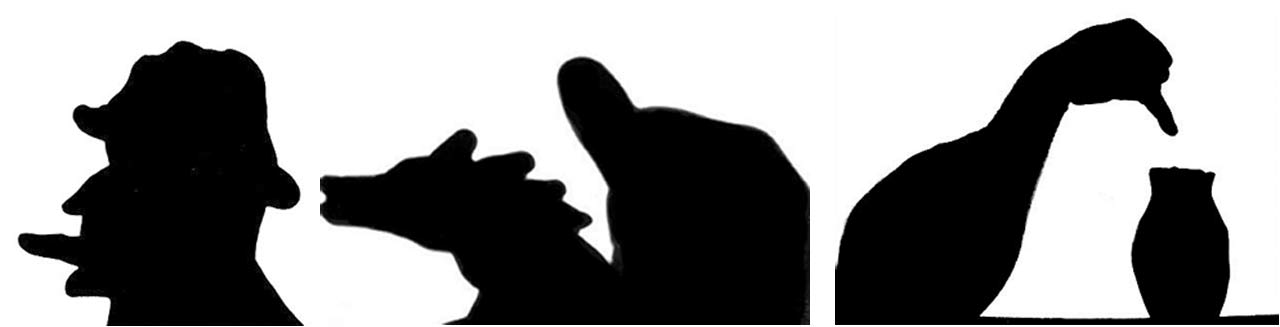 Hand shadows depicting (from left) a man smoking; a man riding a horse; a bird drinking from a pot