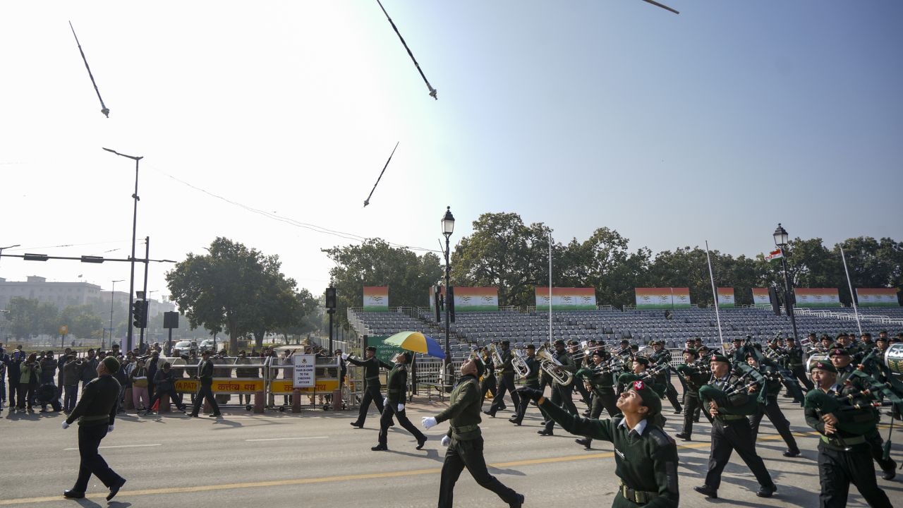 Assam Rifles personnel during rehearsal for Republic Day parade 2025 at Kartavya Path in New Delhi