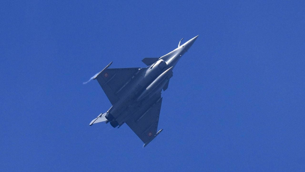 Indian Air Force's Rafale aircraft flies past during a rehearsal for the Republic Day Parade 2025 in New Delhi