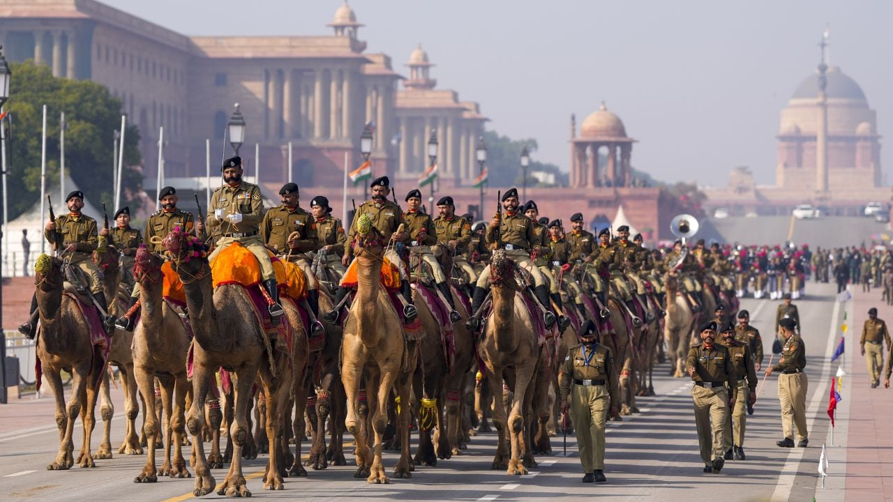 BSF personnel during rehearsal for Republic Day parade 2025, at Kartavya Path in New Delhi