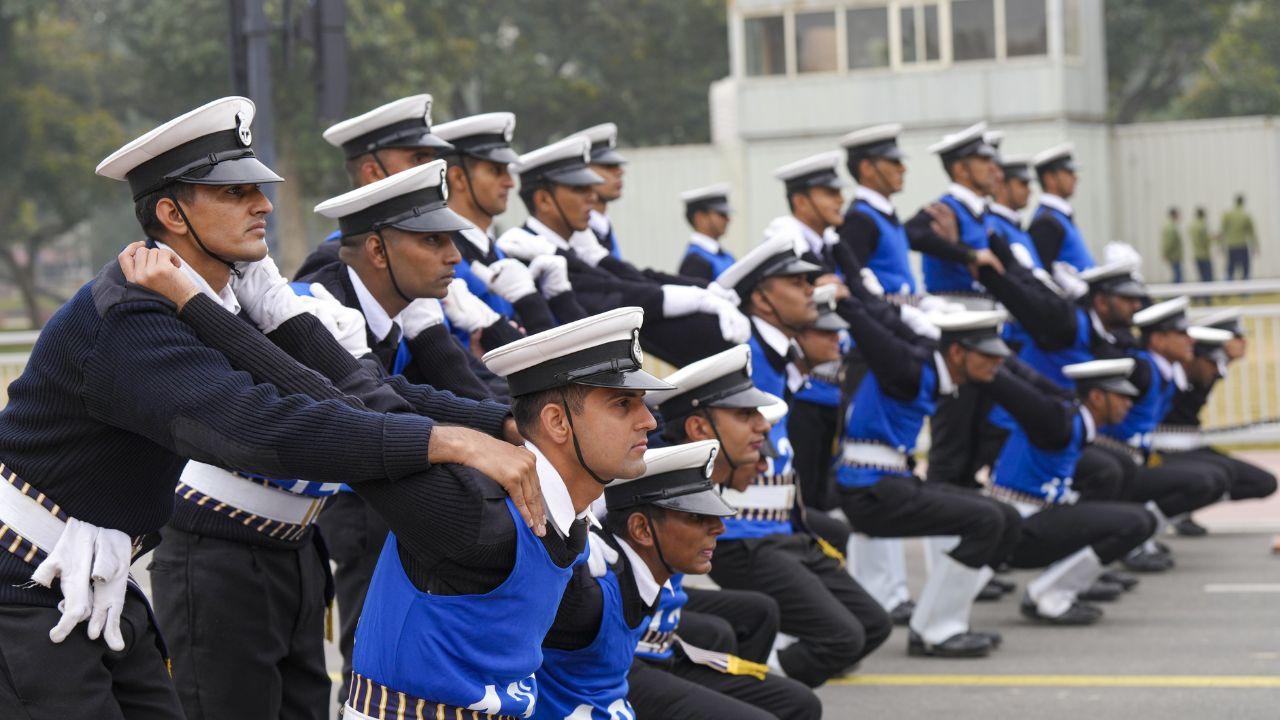 Indian Navy personnel during rehearsal for the Republic Day Parade 2025, at Kartavya Path, in New Delhi. (Pic/PTI)