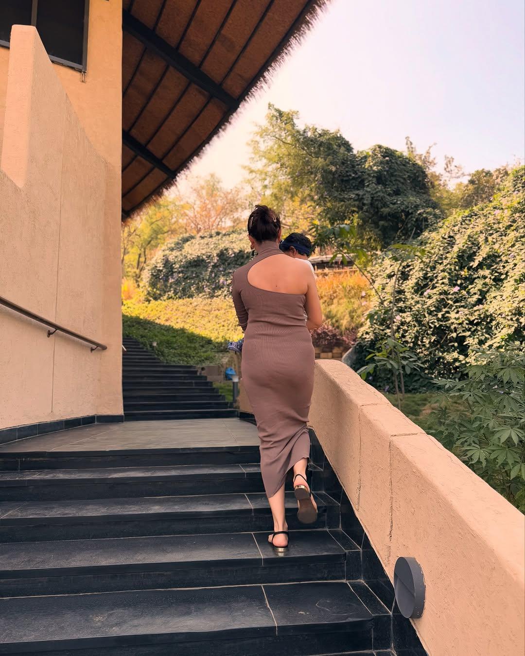 This picture has Rubina slaying in a brown bodycon dress with a turtleneck and a stylish back