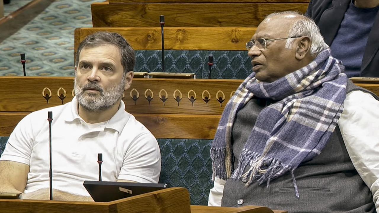 Leaders of Opposition Rahul Gandhi and Mallikarjun Kharge. The Opposition also said the President's address should provide a direction to the country but this was just a document of government propaganda