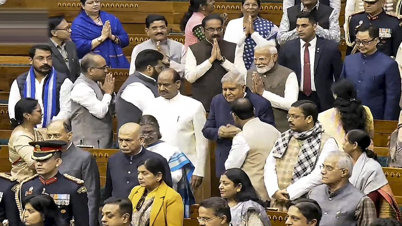 President Droupadi Murmu, Vice-President and Rajya Sabha Chairman Jagdeep Dhankhar, Prime Minister Narendra Modi and Lok Sabha Speaker Om Birla arrive for the joint sitting of both Houses of Parliament on the first day of the Budget Session, in New Delhi, Friday
