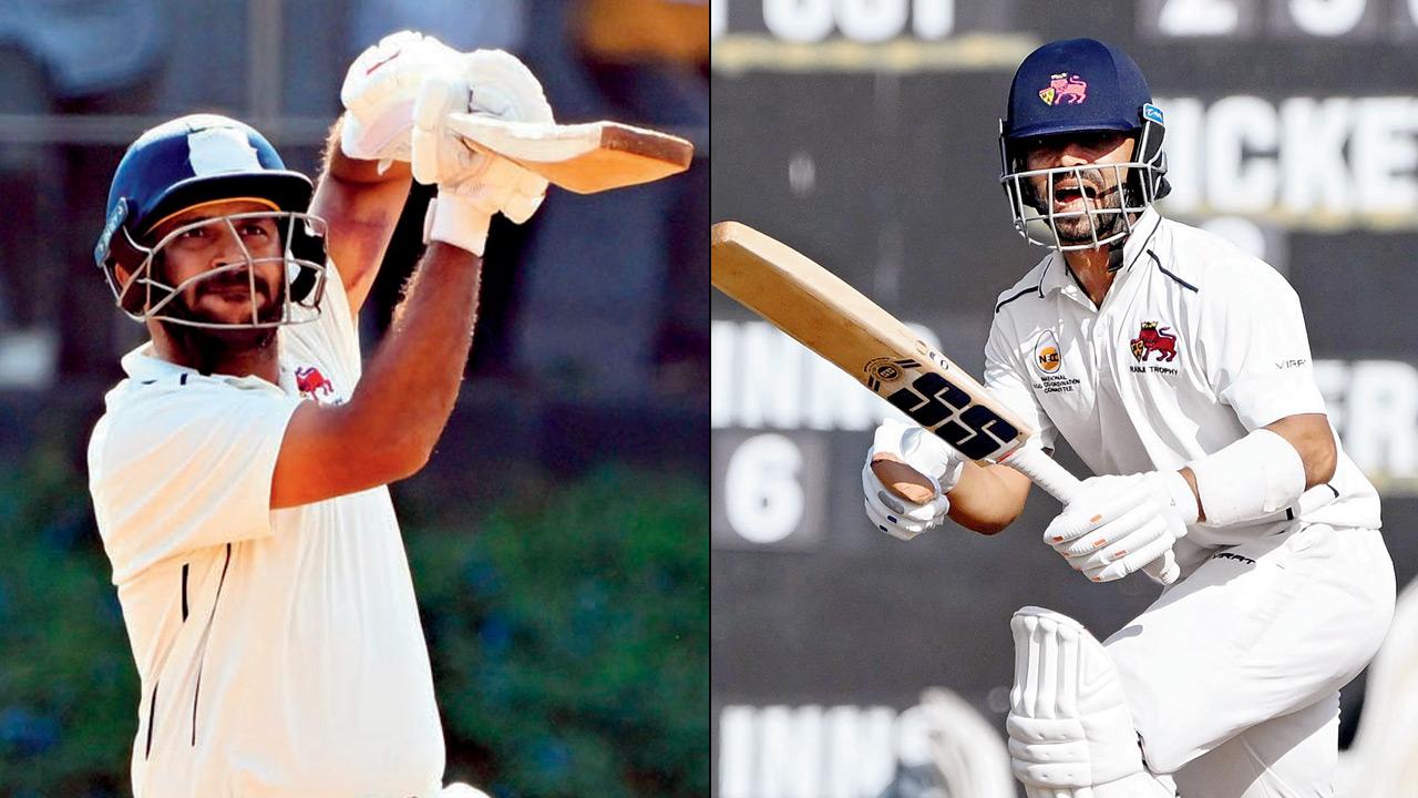 Shardul Thakur in full flow during his quickfire 84 (right) Mumbai skipper Ajinkya Rahane en route his 96