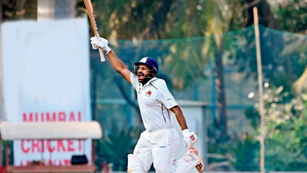 An ecstatic Shardul Thakur celebrates his century against J&K at the MCA-BKC ground yesterday. Pics/Anurag Ahire