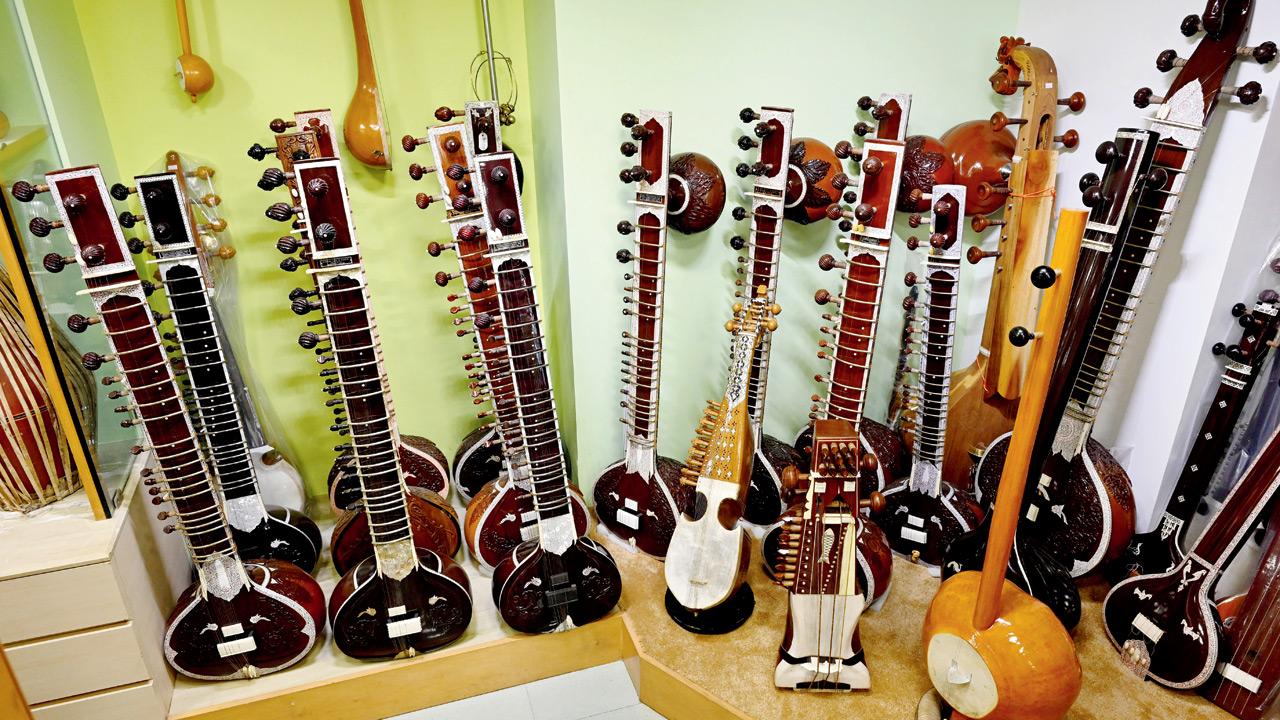 A collection of sitars, santoors and tanpuras at the store