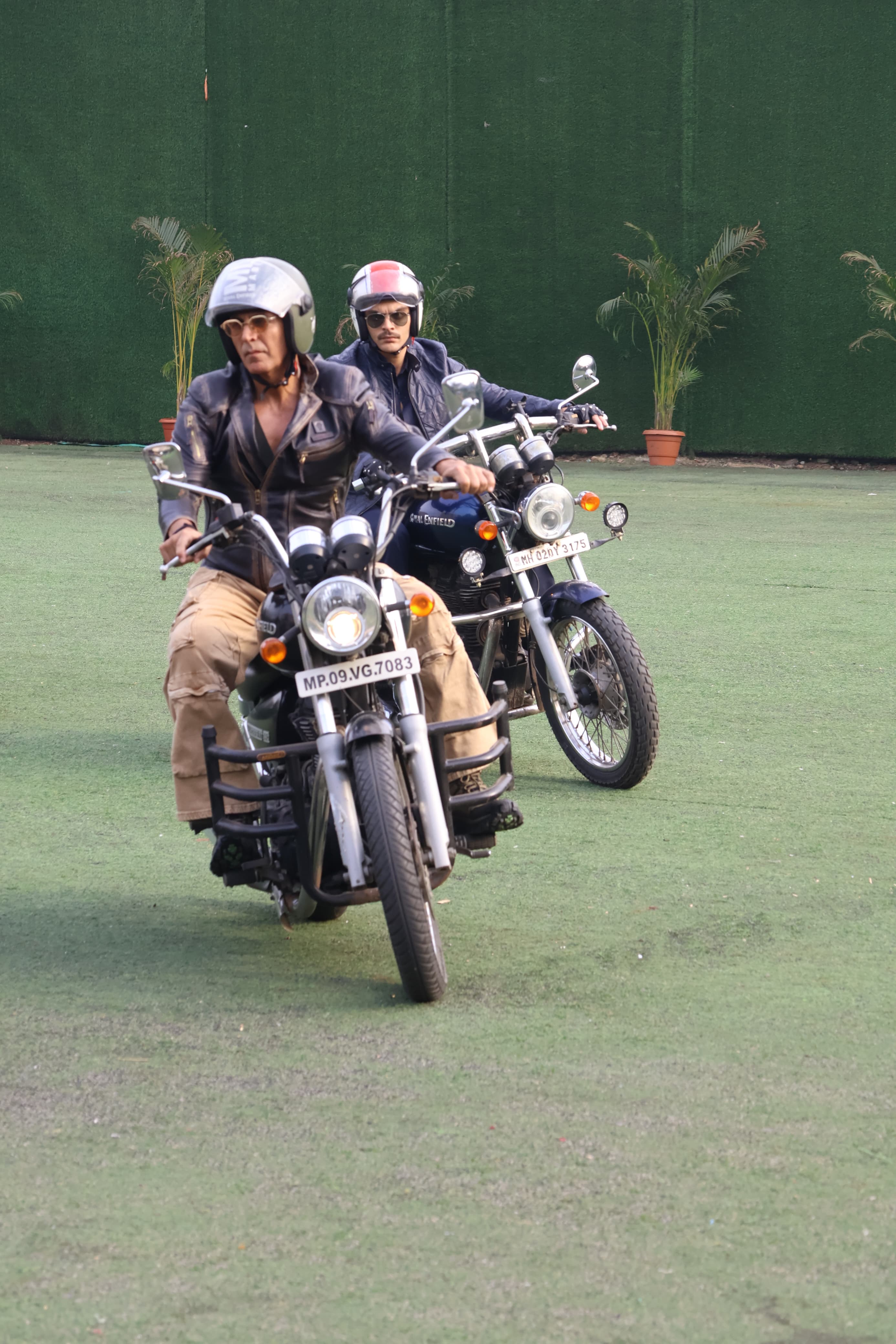 Veer Pahariya and Akshay Kumar were snapped as they drove stylish bullets ahead of the Sky Force trailer launch
