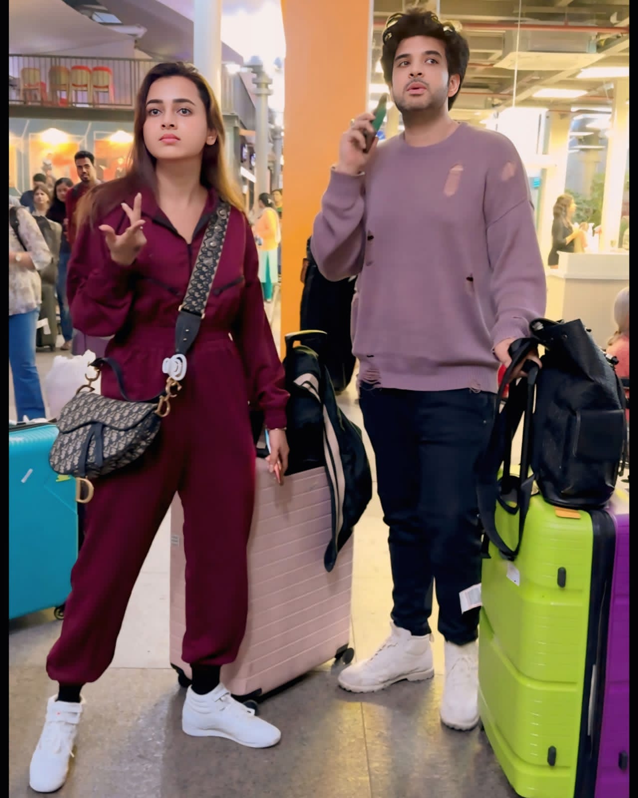 Tejasswi Prakash looked stylish in a red tracksuit, while Karan Kundrra slayed in a comfy airport look