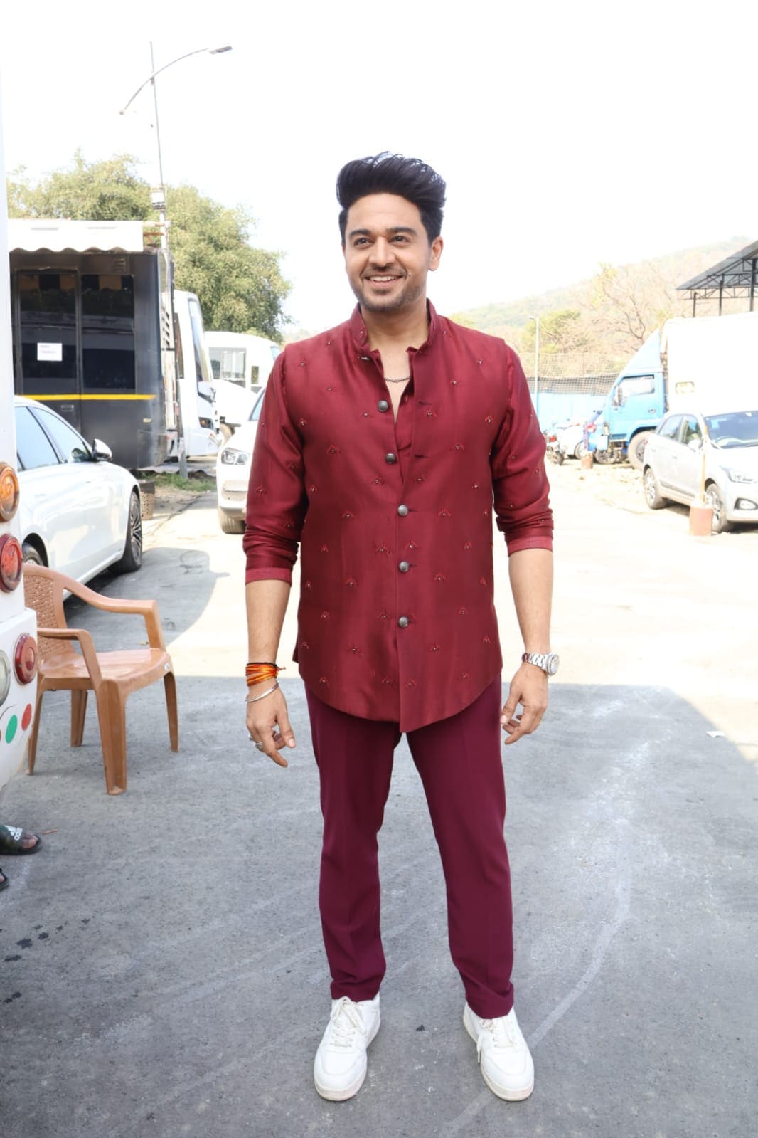 Gaurav Khanna looked stylish in a red-on-red outfit as he was snapped on the set of a reality show