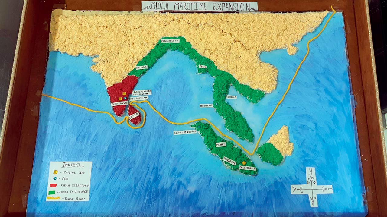 A 3D map highlights the maritime route of the Mauryan empire