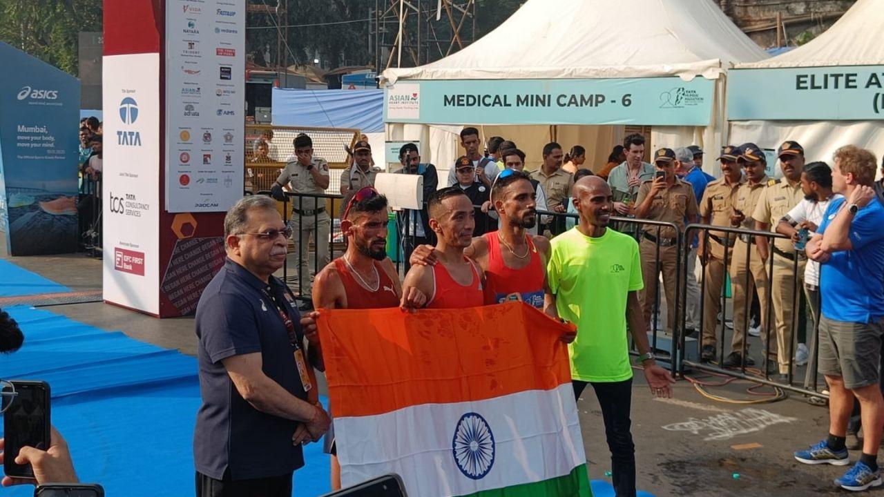 Winners of Elite Race with Mo Farah. The Elite Race winners include Anish Thapa Magar (1st), Man Singh (2nd runner-up), and Gopi Thonakal (3rd runner-up) in the men’s category