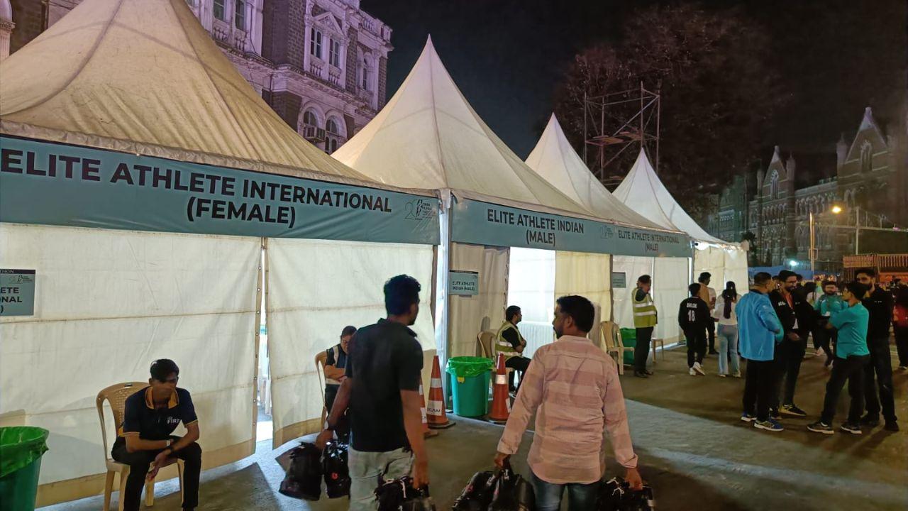 Dugouts set up for International and Indian participants at TATA Mumbai Marathon 2025