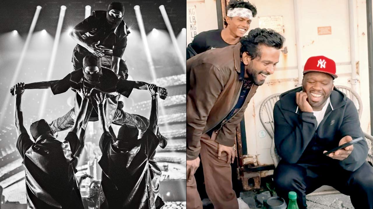 (From left) A moment from a set choreographed by Suresh Mukund. pic courtesy/Andres Puerta; Mukund (second from left) with rapper 50 cent at a rehearsal