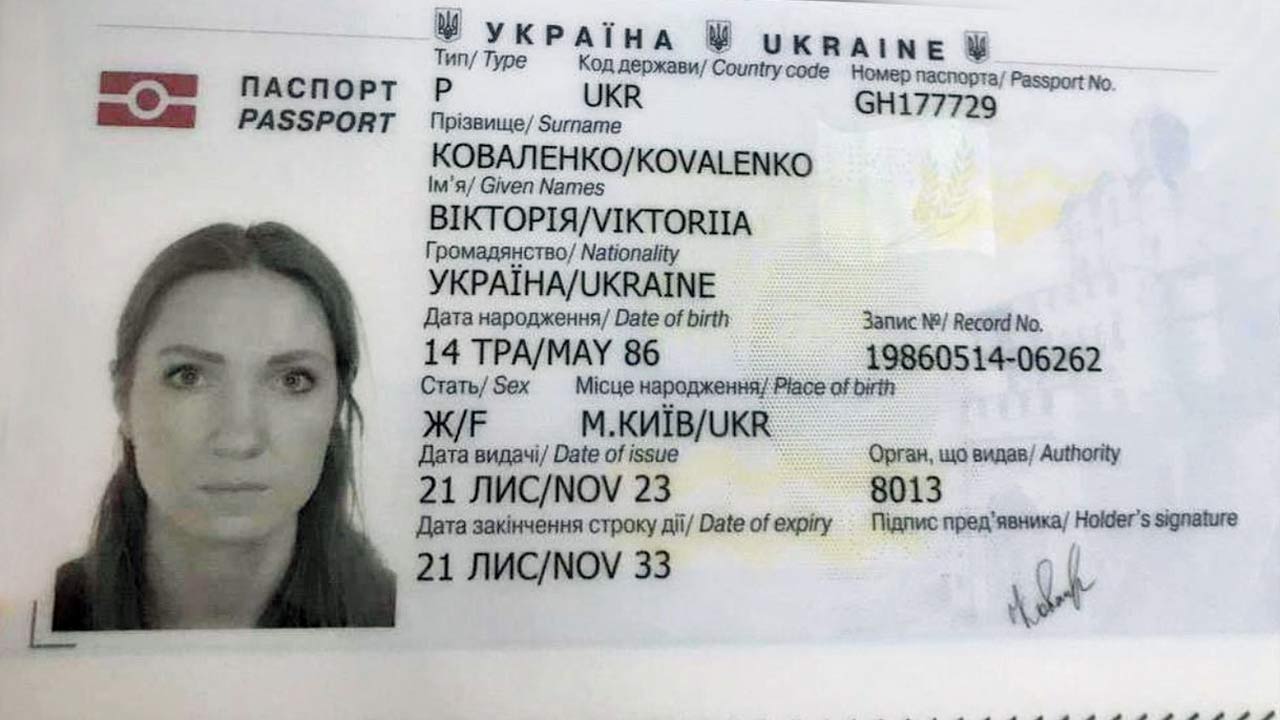 The passport of Viktoriia Kovalenko, a Ukrainian national allegedly involved in the racket