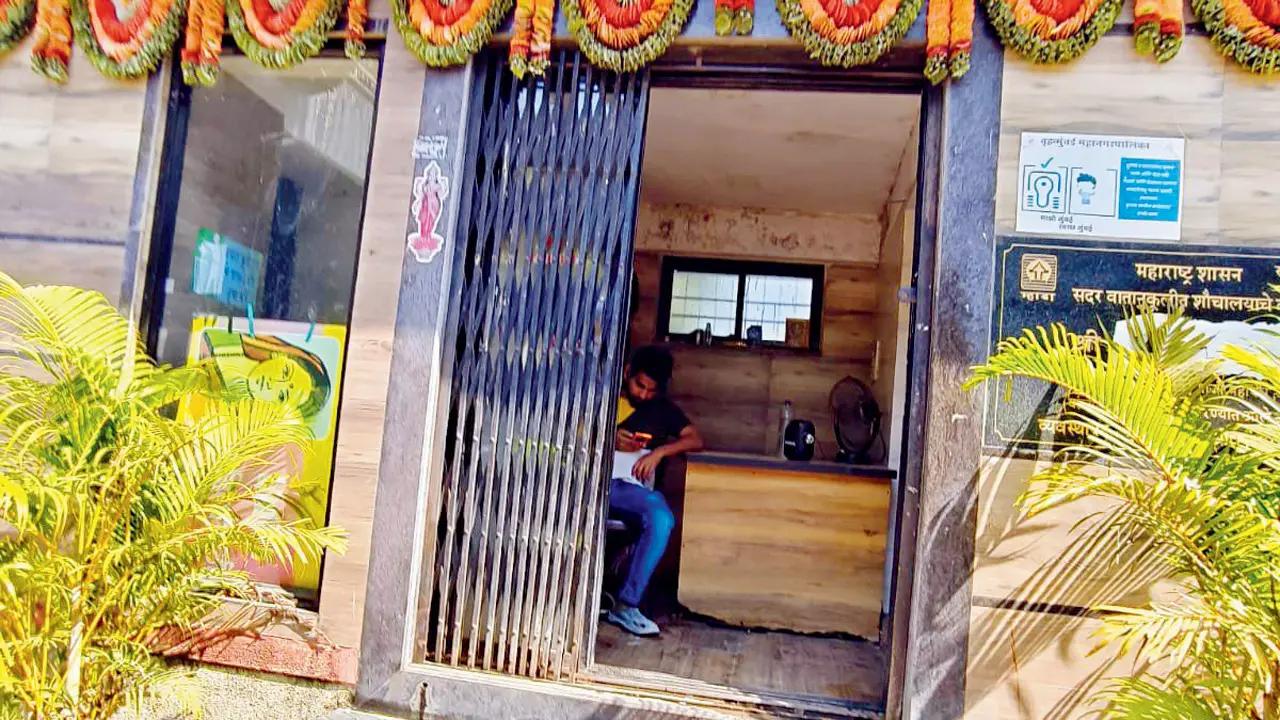 AC lavatory at Kurar village in Malad East: The upkeep of this toilet, set up by Shiv Sena (UBT) MLA Sunil Prabhu, was very poor; brooms and other items were stored inside toilet blocks. The place smelled as bad as the other toilets. The caretaker seemed unconcerned about people entering and leaving. Asked how much one should pay, he did not charge anything. The AC was non-operational.