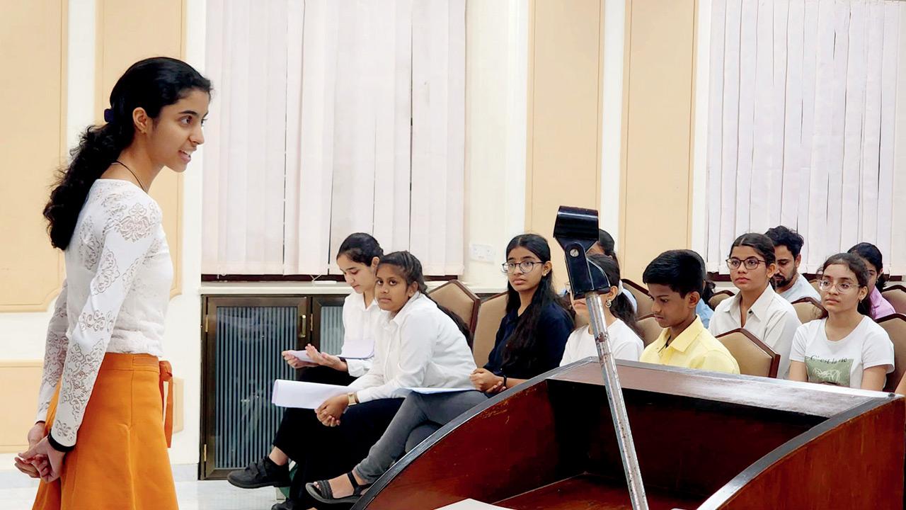 A contestant delivers a speech