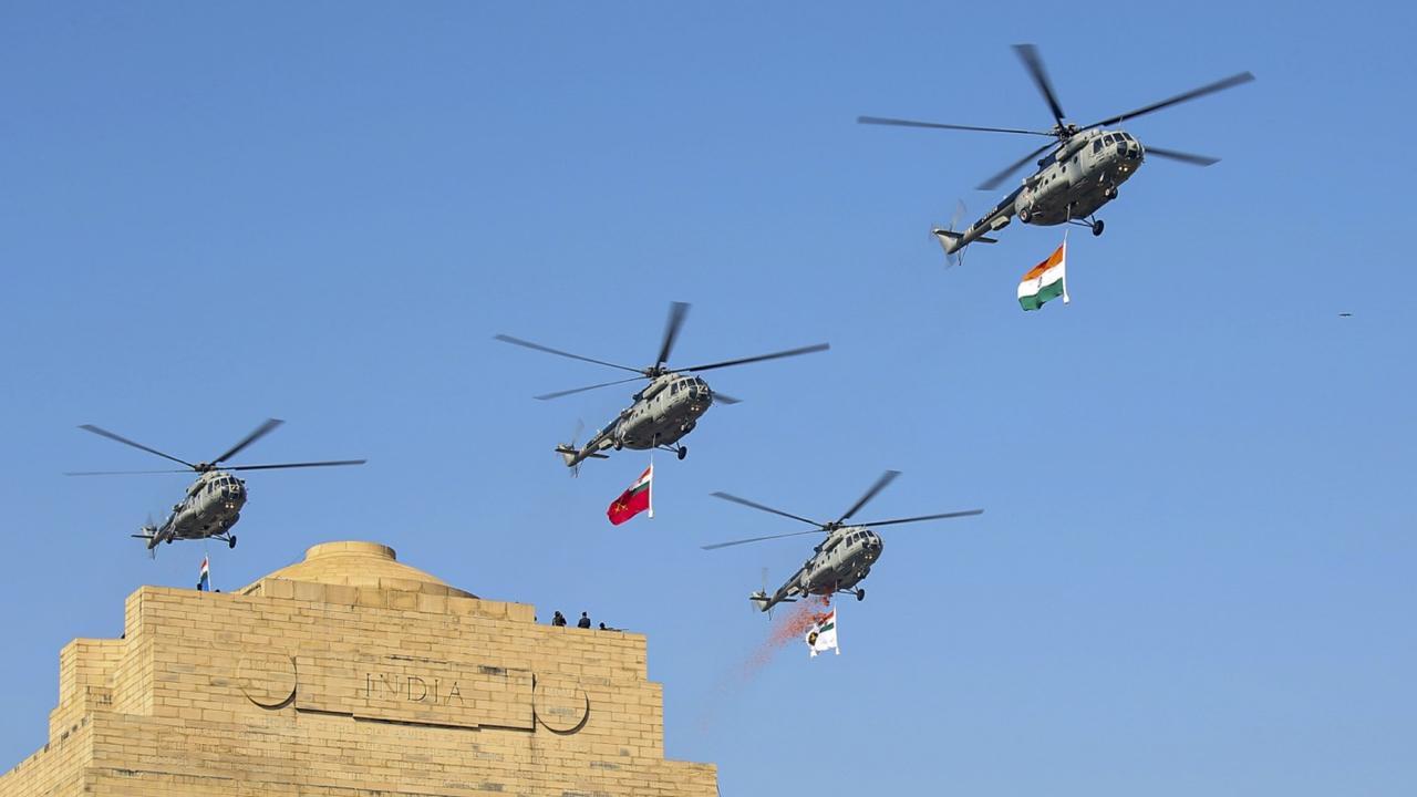 Precision at tremendous speeds is on display today. Three MiG-29 aircraft in 'Baaz Formation' flypast in 'Vic' formation along with IAF Marching Contingent on Kartavya Path, captivating the audience