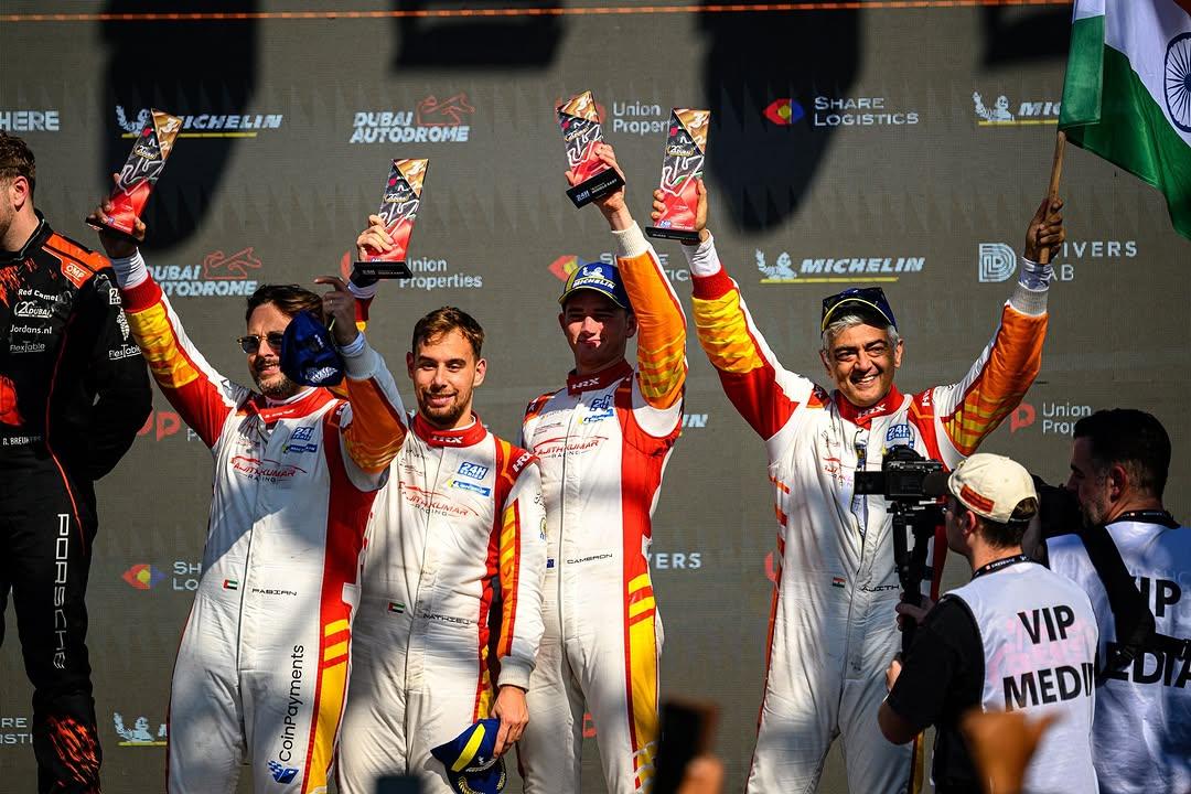 Tamil superstar Ajith Kumar's racing team secured the third place in the Dubai 24H 2025 race on Sunday. Ajith not only particpated in the race but is also the owner of the team Ajith Kumar Racing. After the win, he posed proudly with the Indian flag.